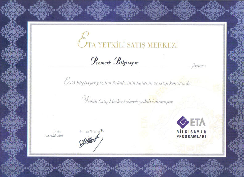 Promerk Bilgisayar ETA Yetkili Satış Merkezi belgesi